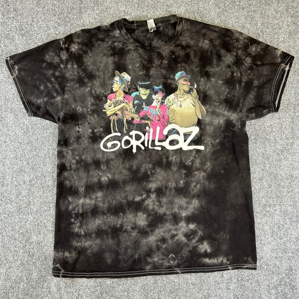 Gorillaz Band Graphic T-Shirt XL Black Acid Wash Tie Dye Short Sleeve Cotton